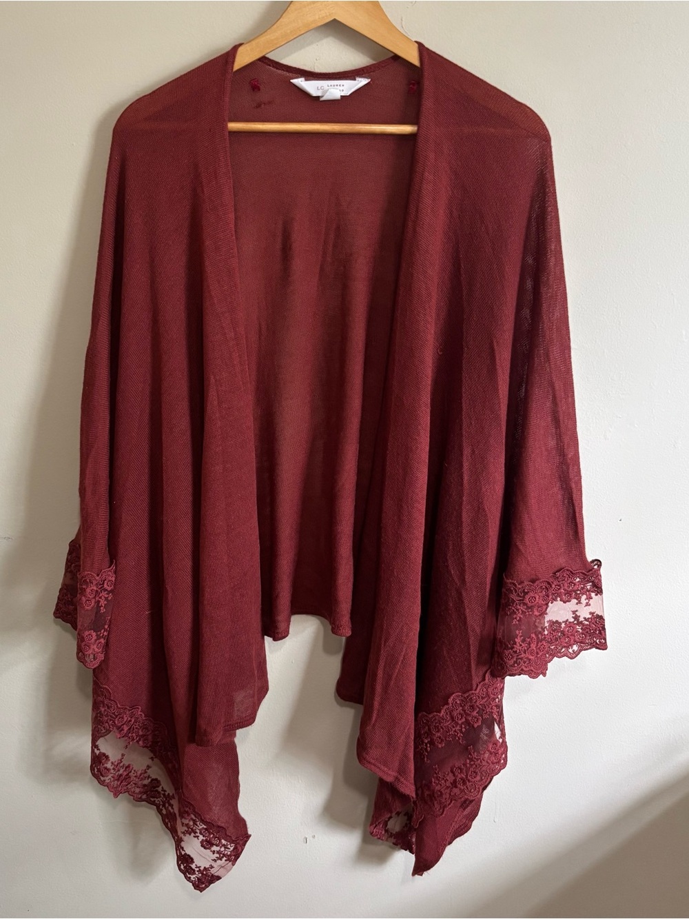 LC Lauren Conrad Burgundy Lace Trim Knit Kimono Cardigan One Size